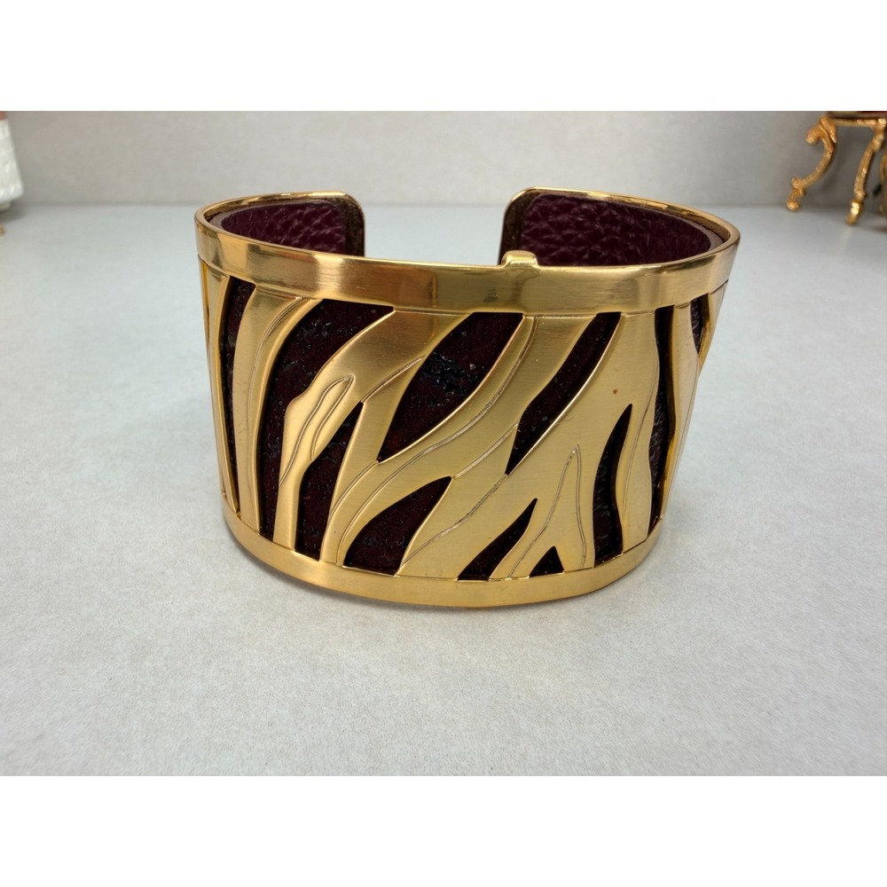 Brighton Wide Gold Tone Cuff Bracelet Burgundy Leather Zebra Cutout Statement